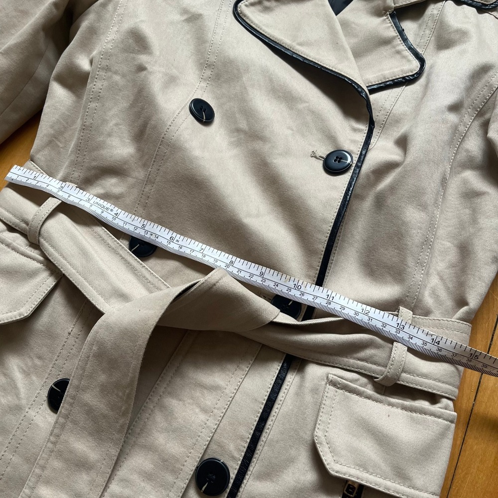 SMART SET Double Breasted Trench Coat Beige Black Trim Belted Button Up Women XS - Picture 9 of 12
